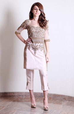 Tea Pink Embellished Net & Silk Salwar Kameez (3-Piece) - Image 1