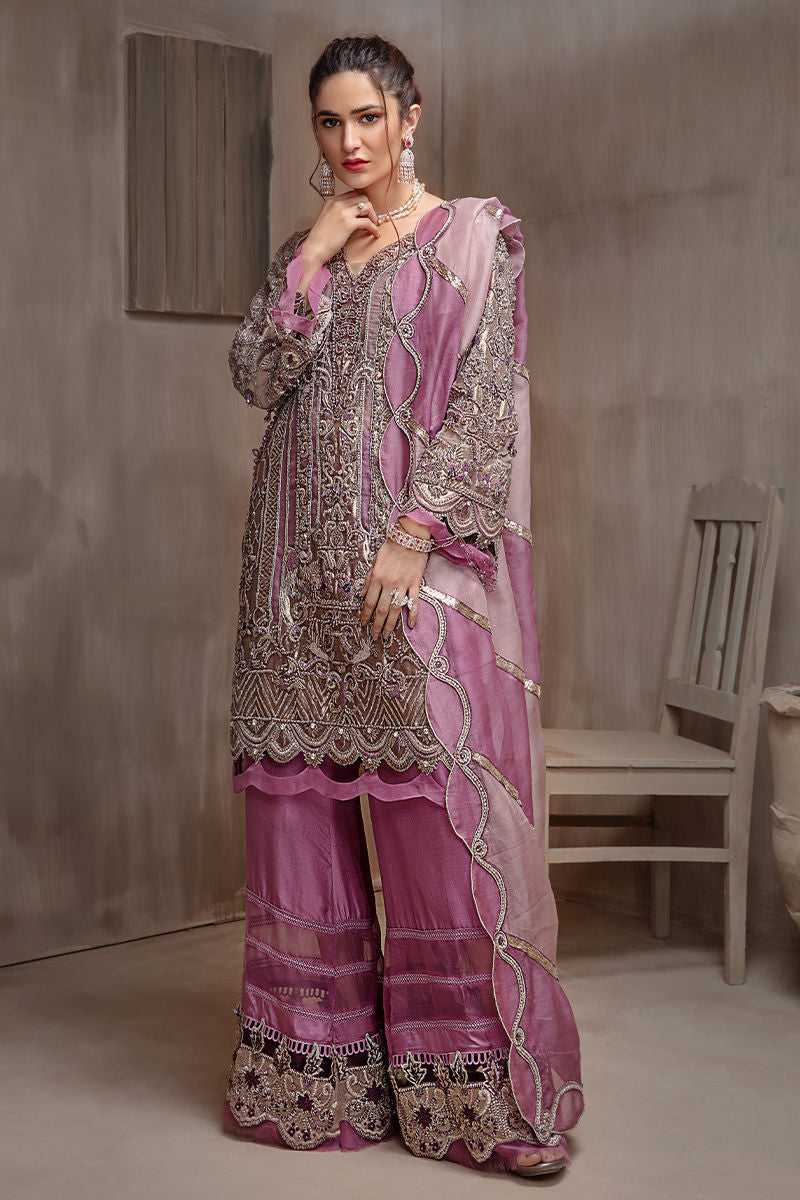 Pakistani Mauve Embroidered Net Silk-Blend Salwar Kameez (3-Piece) - Image 1