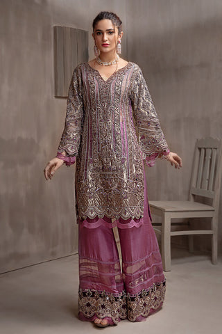 Pakistani Mauve Embroidered Net Silk-Blend Salwar Kameez (3-Piece) - Image 4
