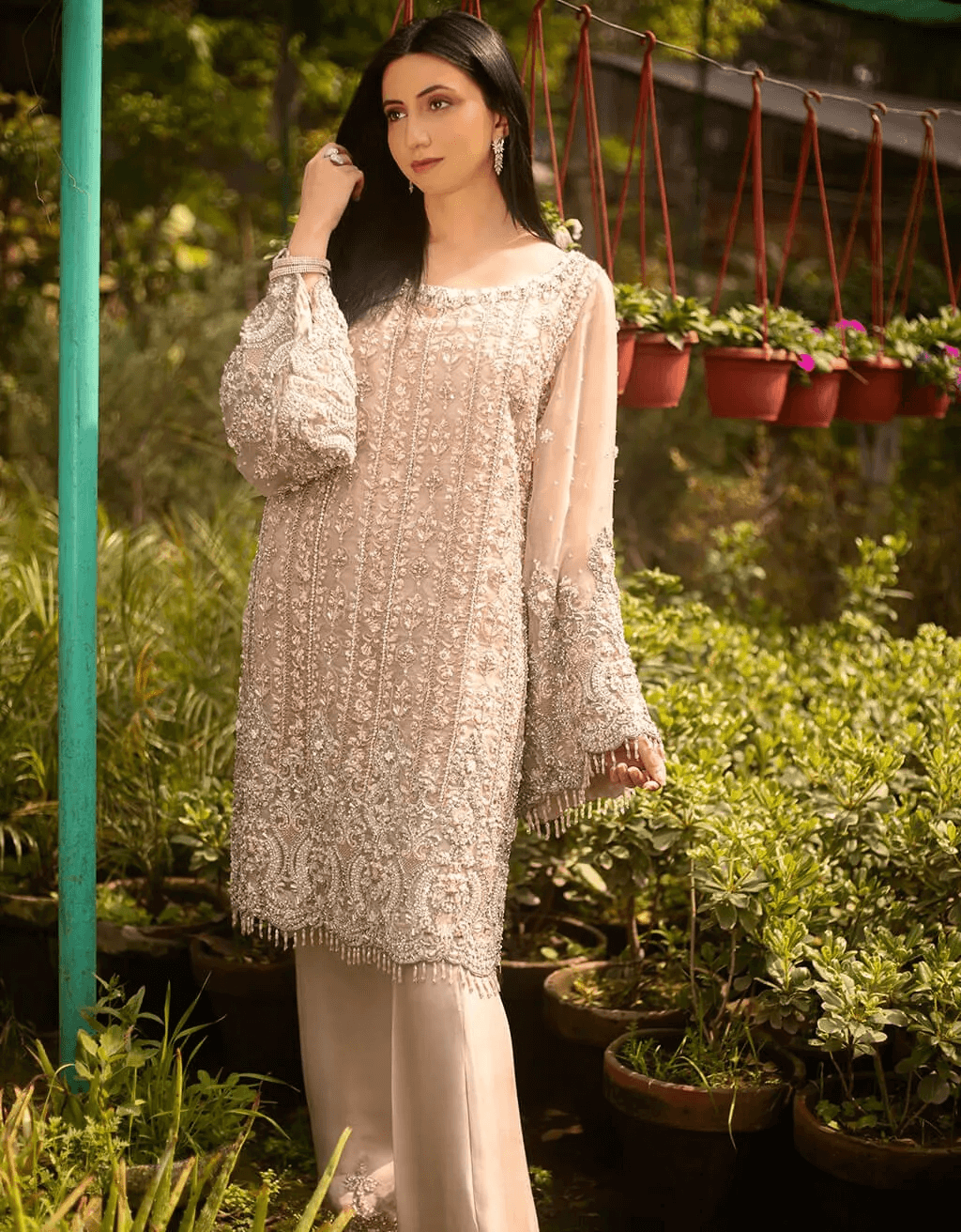 Pakistani Dusty Pink Embroidered Net Salwar Kameez (3-Piece) - Image 1