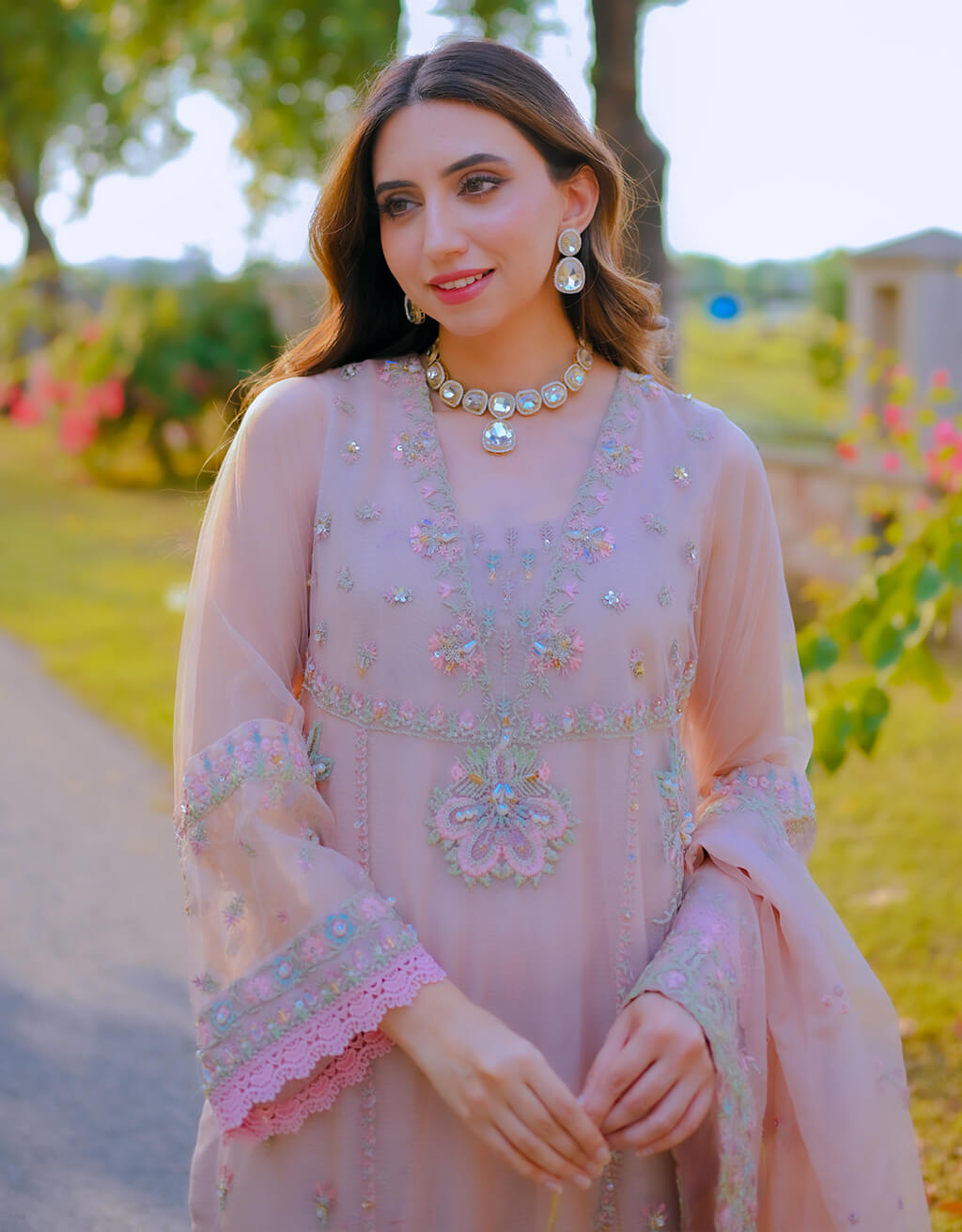 Pakistani Soft Pink Embroidered Net Salwar Kameez (3-Piece) - Image 1