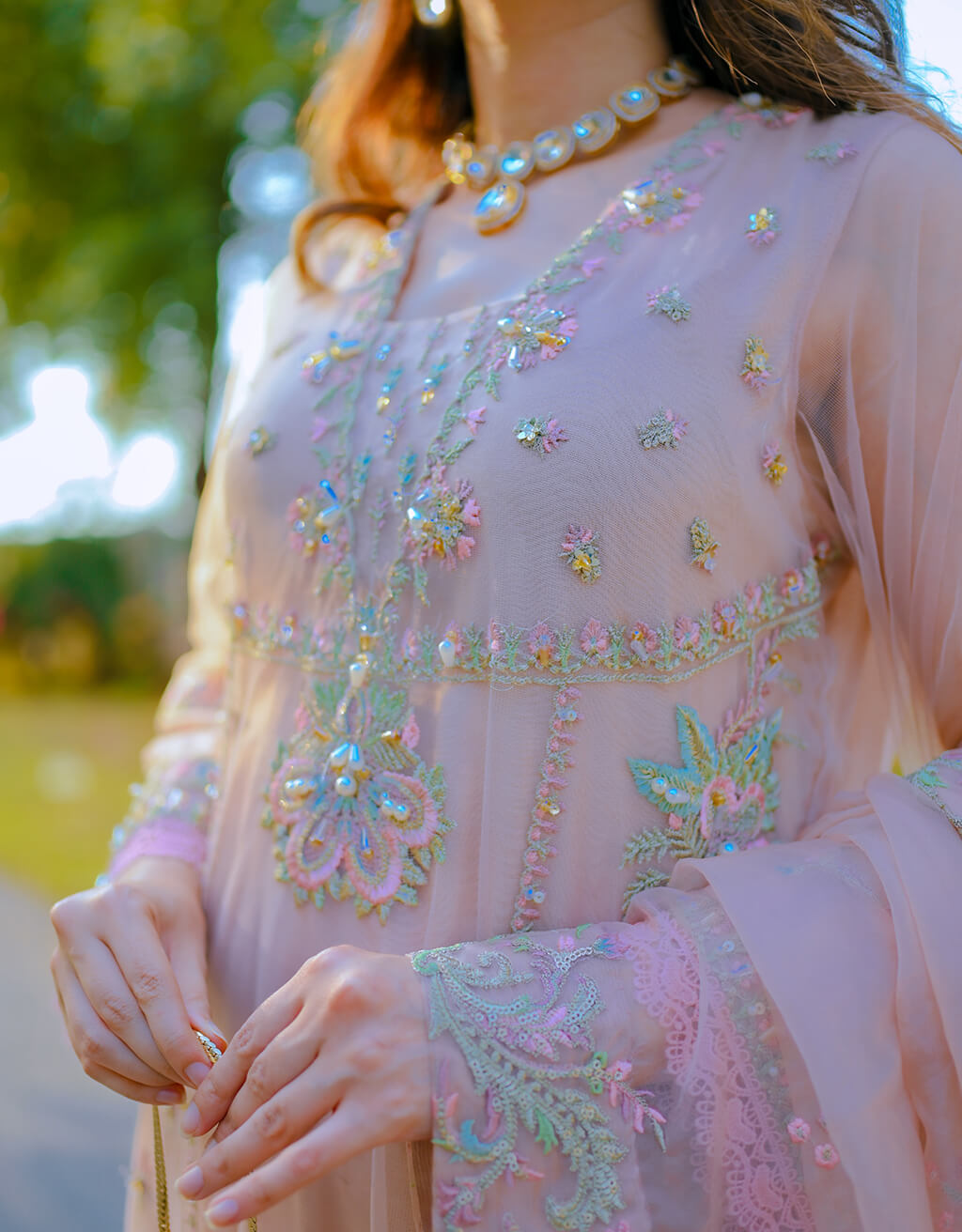 Pakistani Soft Pink Embroidered Net Salwar Kameez (3-Piece) - Image 2