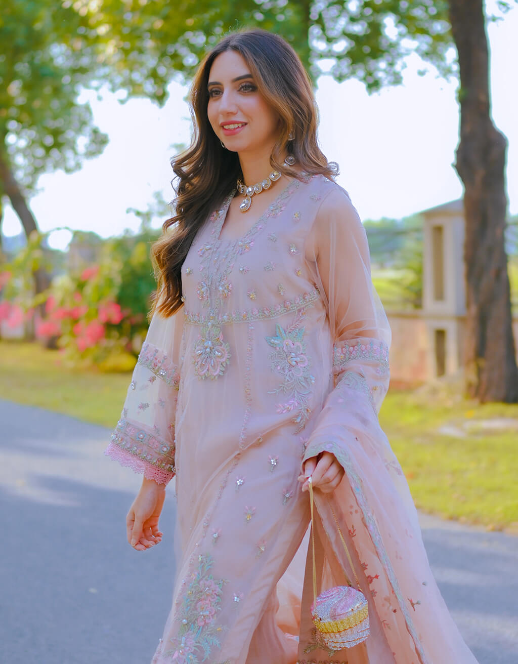 Pakistani Soft Pink Embroidered Net Salwar Kameez (3-Piece) - Image 3