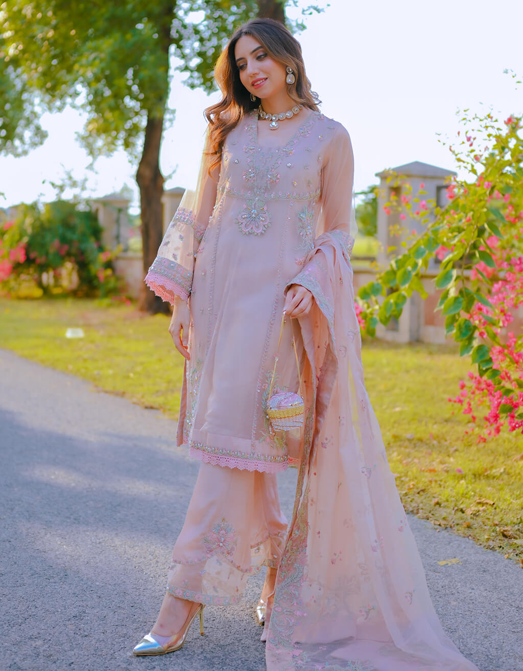 Pakistani Soft Pink Embroidered Net Salwar Kameez (3-Piece) - Image 4