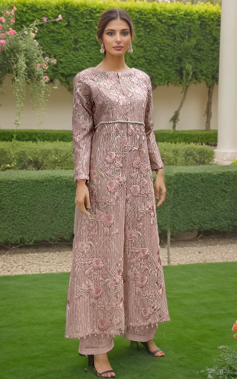Dusty Pink Embroidered Net Long Jacket (2-Piece) - Image 1