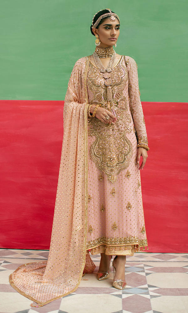 Pastel Pink Gold Handworked Net Salwar Kameez (3-Piece) - Image 2