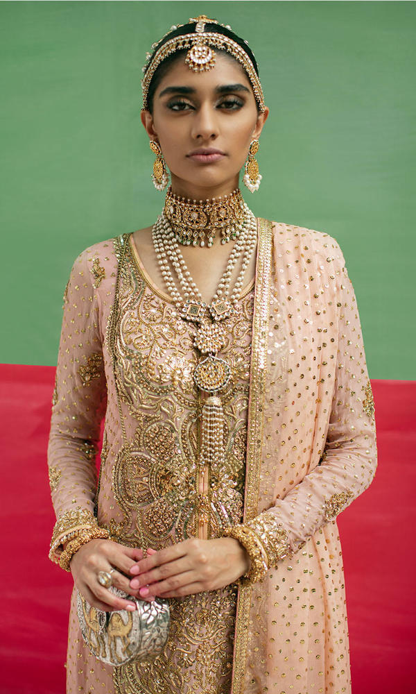 Pastel Pink Gold Handworked Net Salwar Kameez (3-Piece) - Image 3