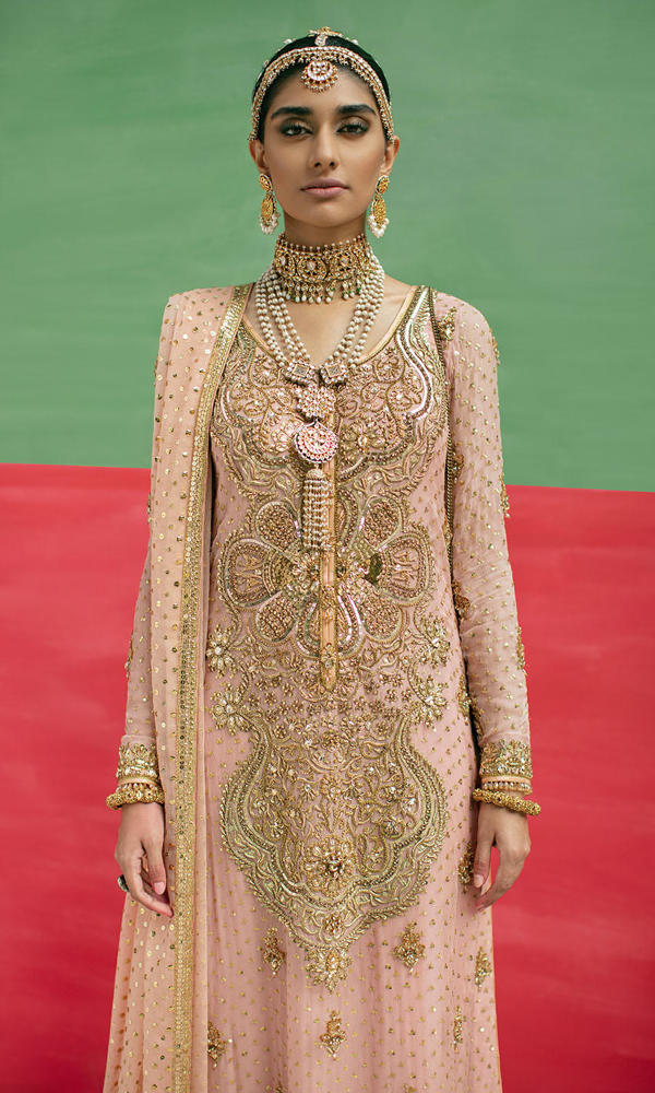 Pastel Pink Gold Handworked Net Salwar Kameez (3-Piece) - Image 5