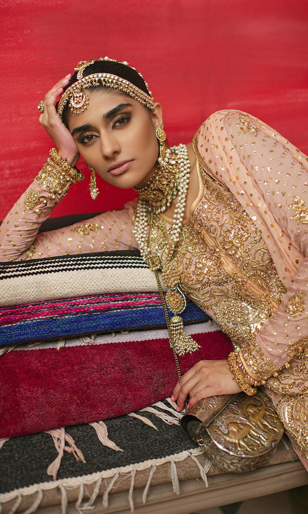 Pastel Pink Gold Handworked Net Salwar Kameez (3-Piece) - Image 6