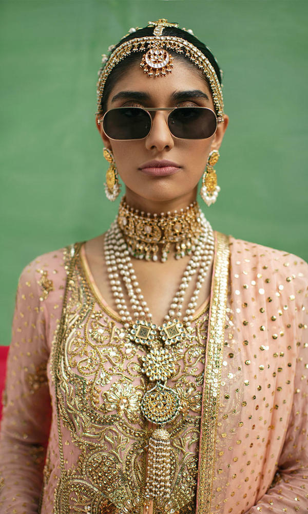 Pastel Pink Gold Handworked Net Salwar Kameez (3-Piece) - Image 7