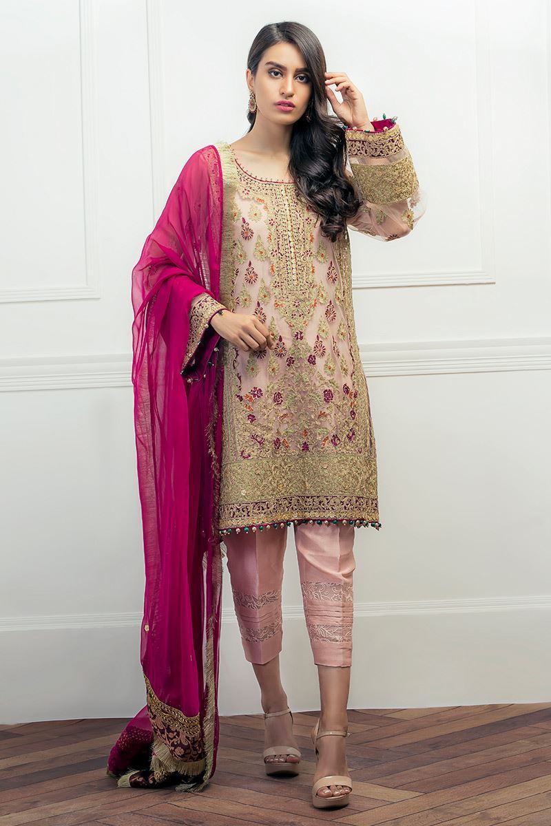 Smoky Pink Gota Aari Net Kurta Set (3-Piece) - Image 1