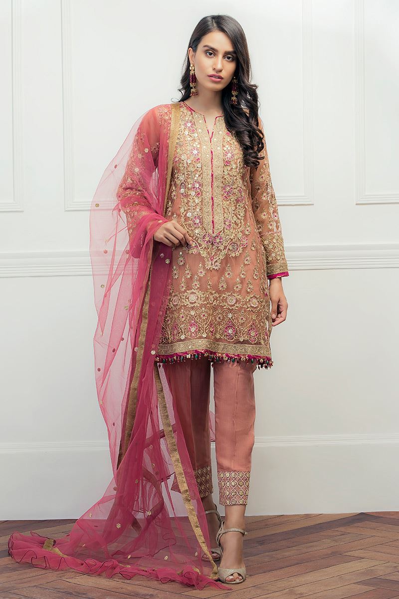 Tea Pink Embroidered Net Salwar Kameez (3-Piece) - Image 1