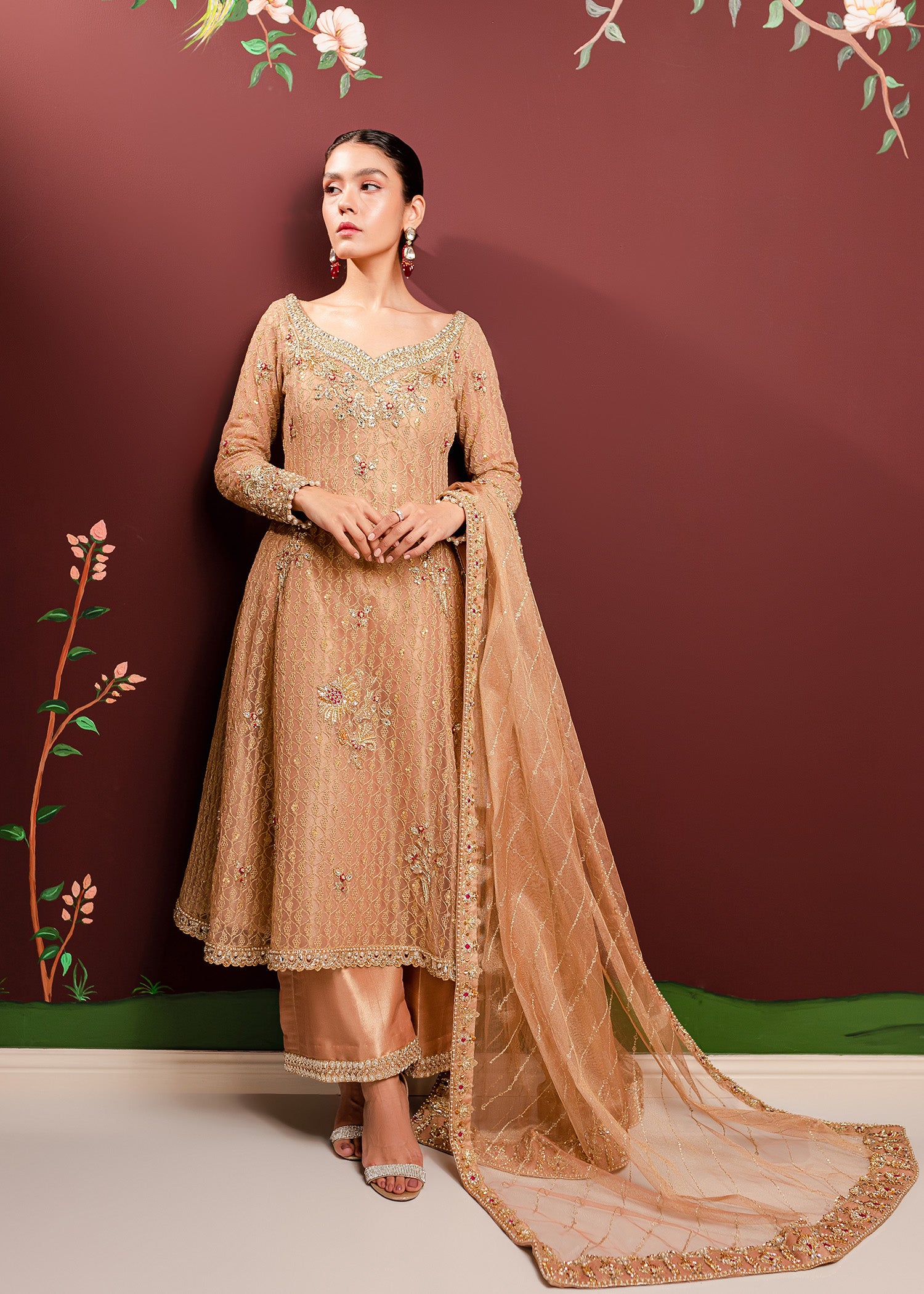 Pakistani Peach Embroidered Net & Tissue Salwar Kameez (3-Piece) - Image 2
