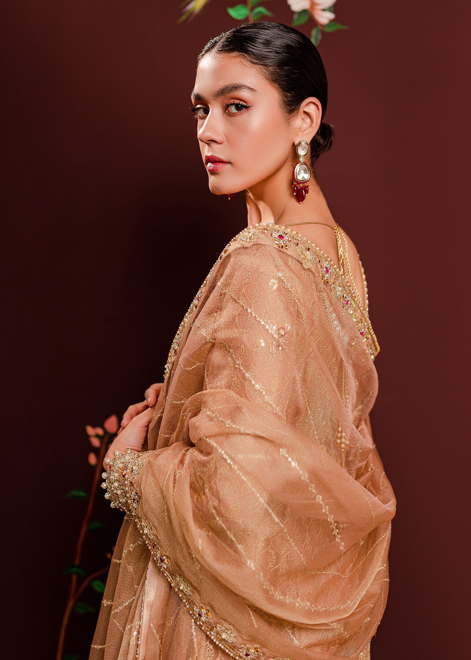 Pakistani Peach Embroidered Net & Tissue Salwar Kameez (3-Piece) - Image 3