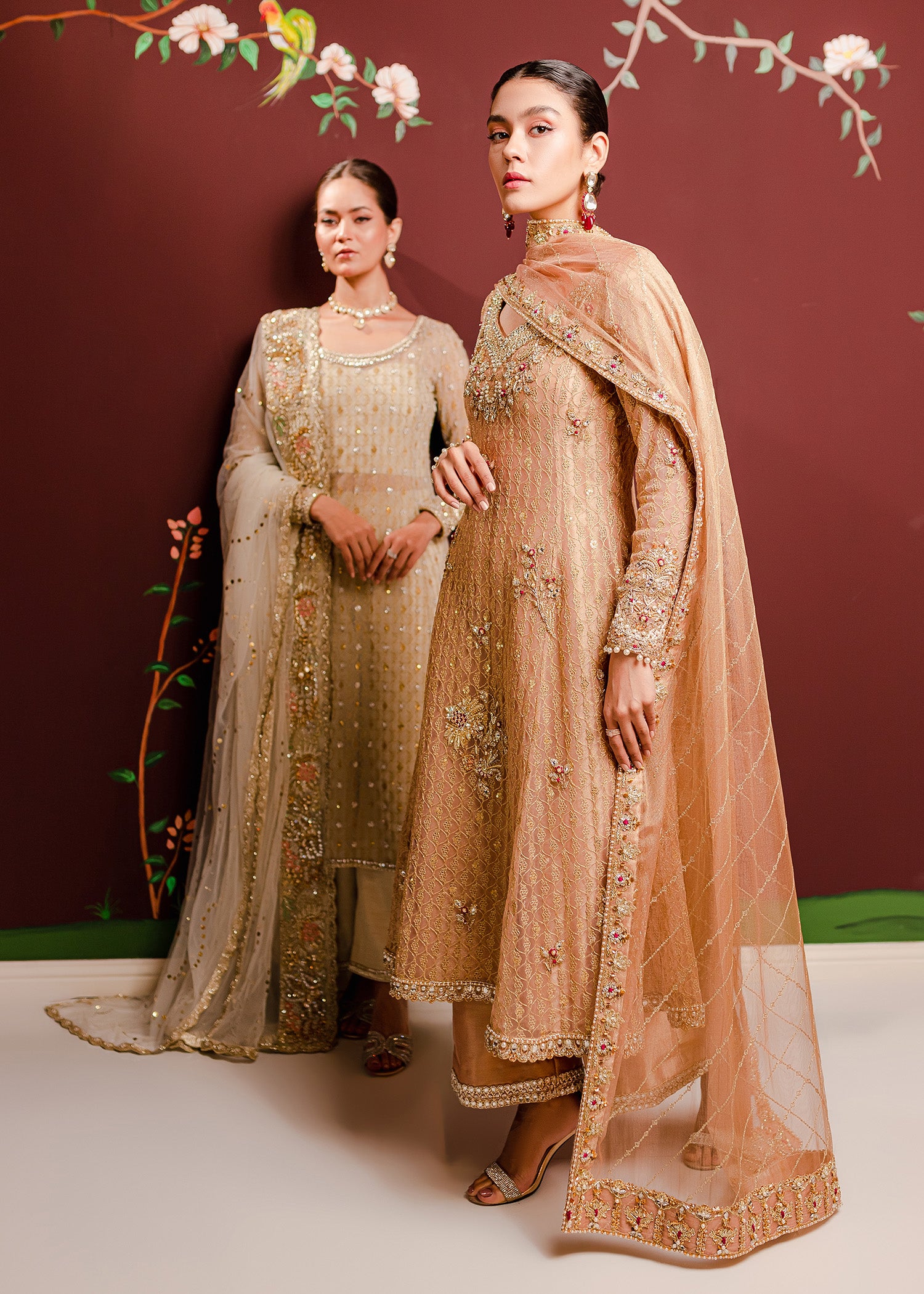 Pakistani Peach Embroidered Net & Tissue Salwar Kameez (3-Piece) - Image 4