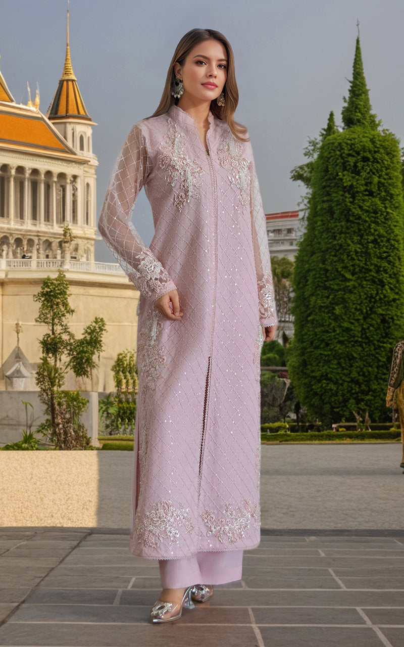 Pakistani Blush Pink Embroidered Net Jacket with Silk Trousers (2-Piece) - Image 1