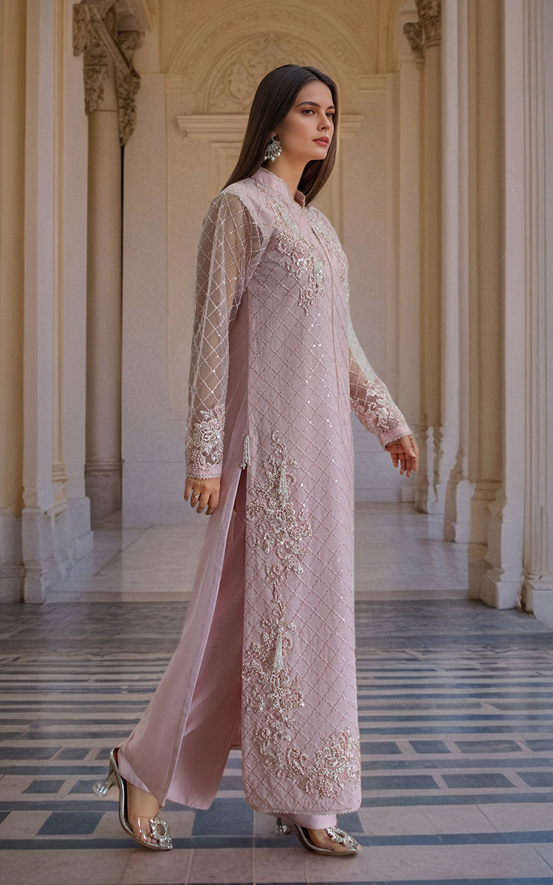 Pakistani Blush Pink Embroidered Net Jacket with Silk Trousers (2-Piece) - Image 2