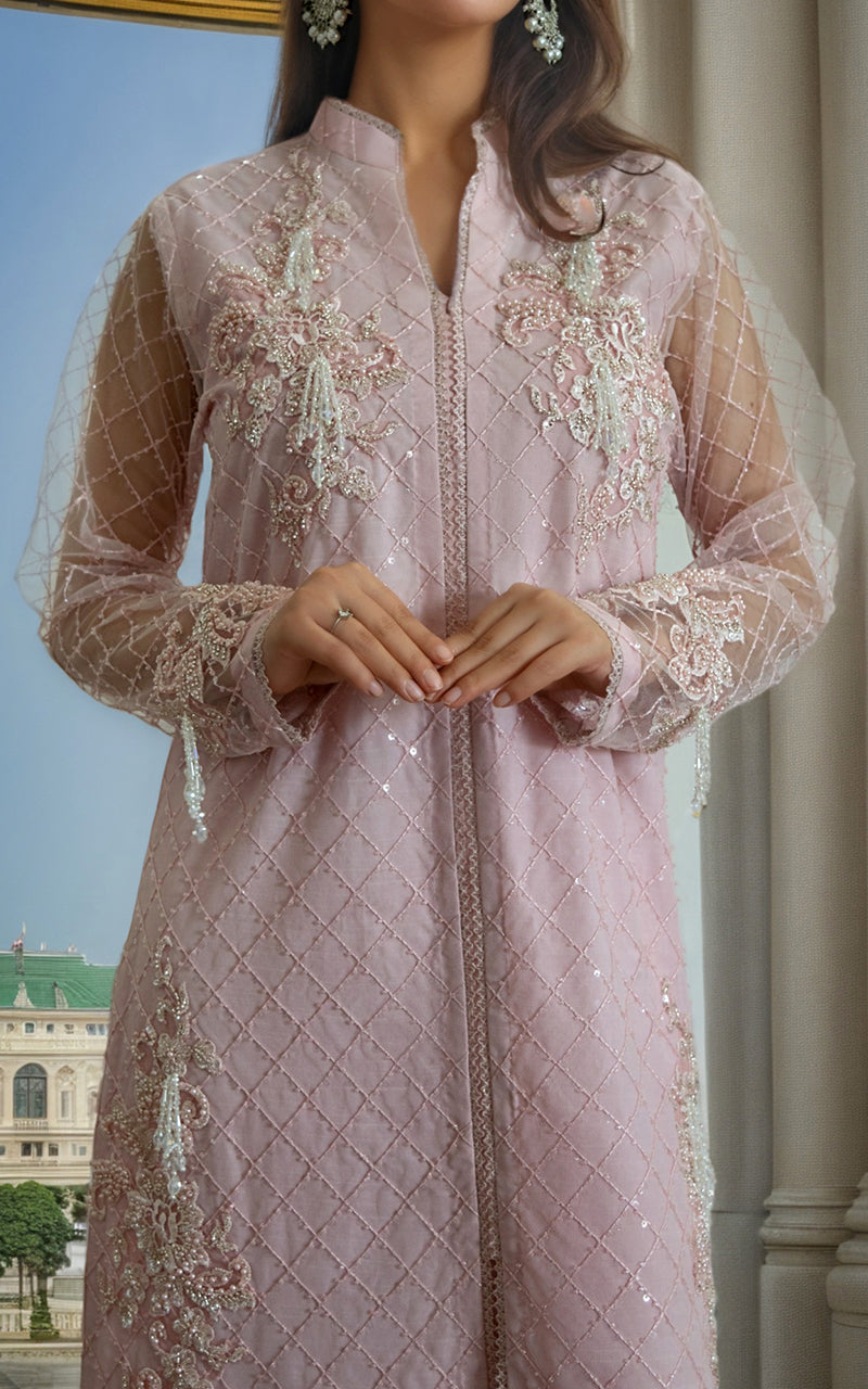 Pakistani Blush Pink Embroidered Net Jacket with Silk Trousers (2-Piece) - Image 3