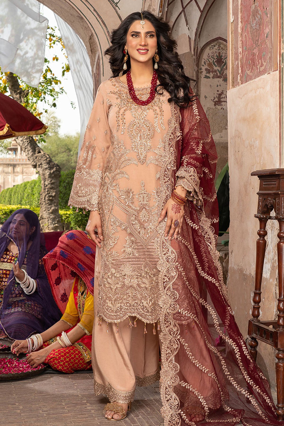 Pakistani Tea Pink Embroidered Net Salwar Kameez (3-Piece) - Image 1