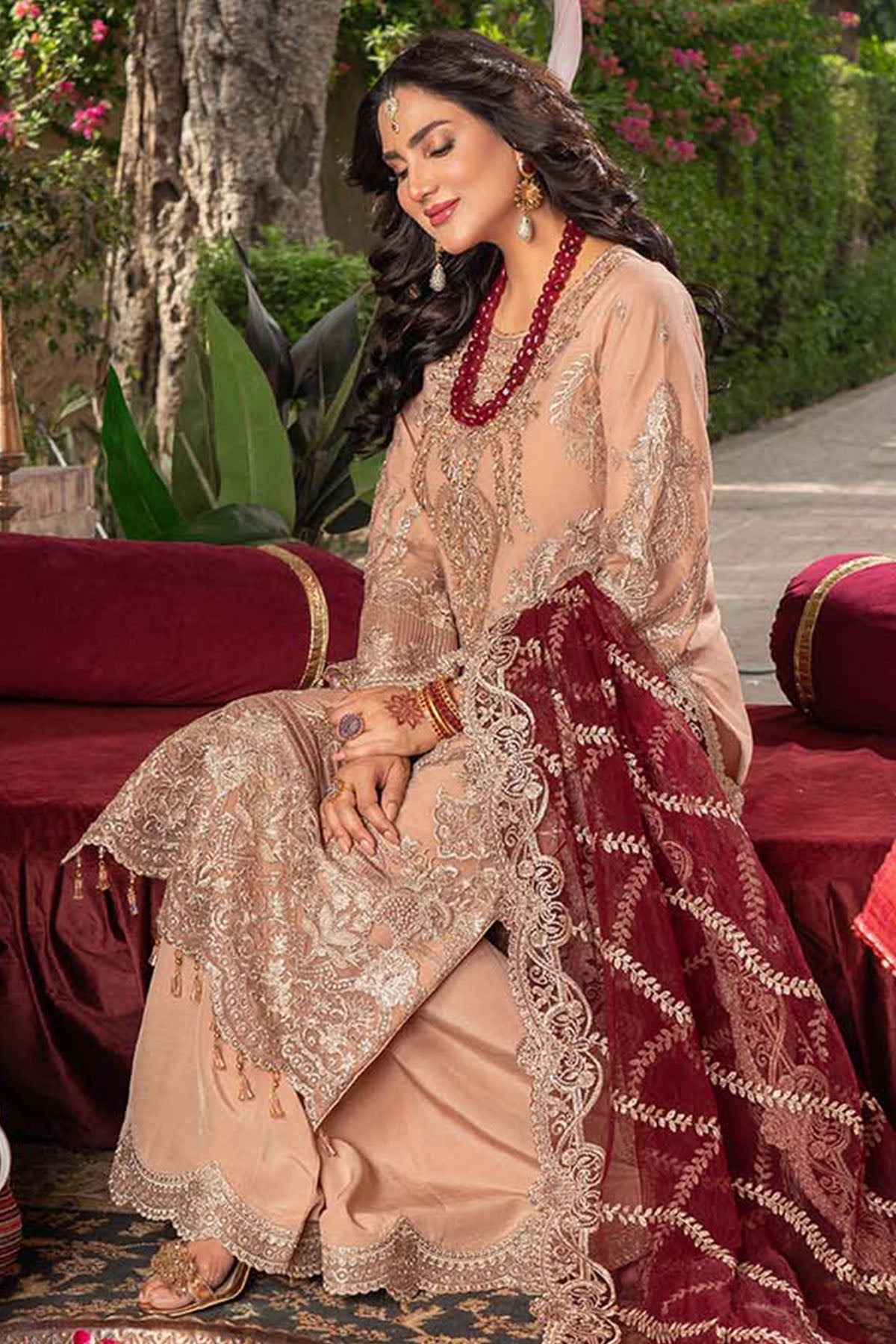 Pakistani Tea Pink Embroidered Net Salwar Kameez (3-Piece) - Image 3