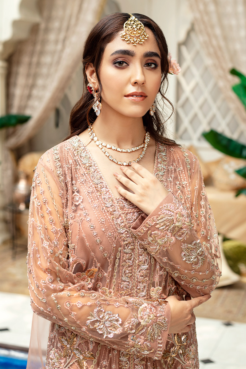 Tea Pink Embroidered Net Salwar Kameez (2-Piece) - Image 4