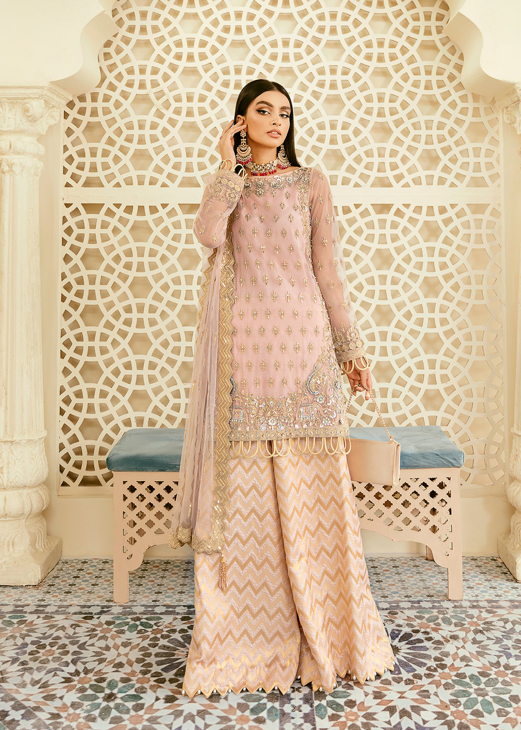 Pakistani Blush Pink Hand-Embellished Net & Organza Kameez (3-Piece) - Image 1