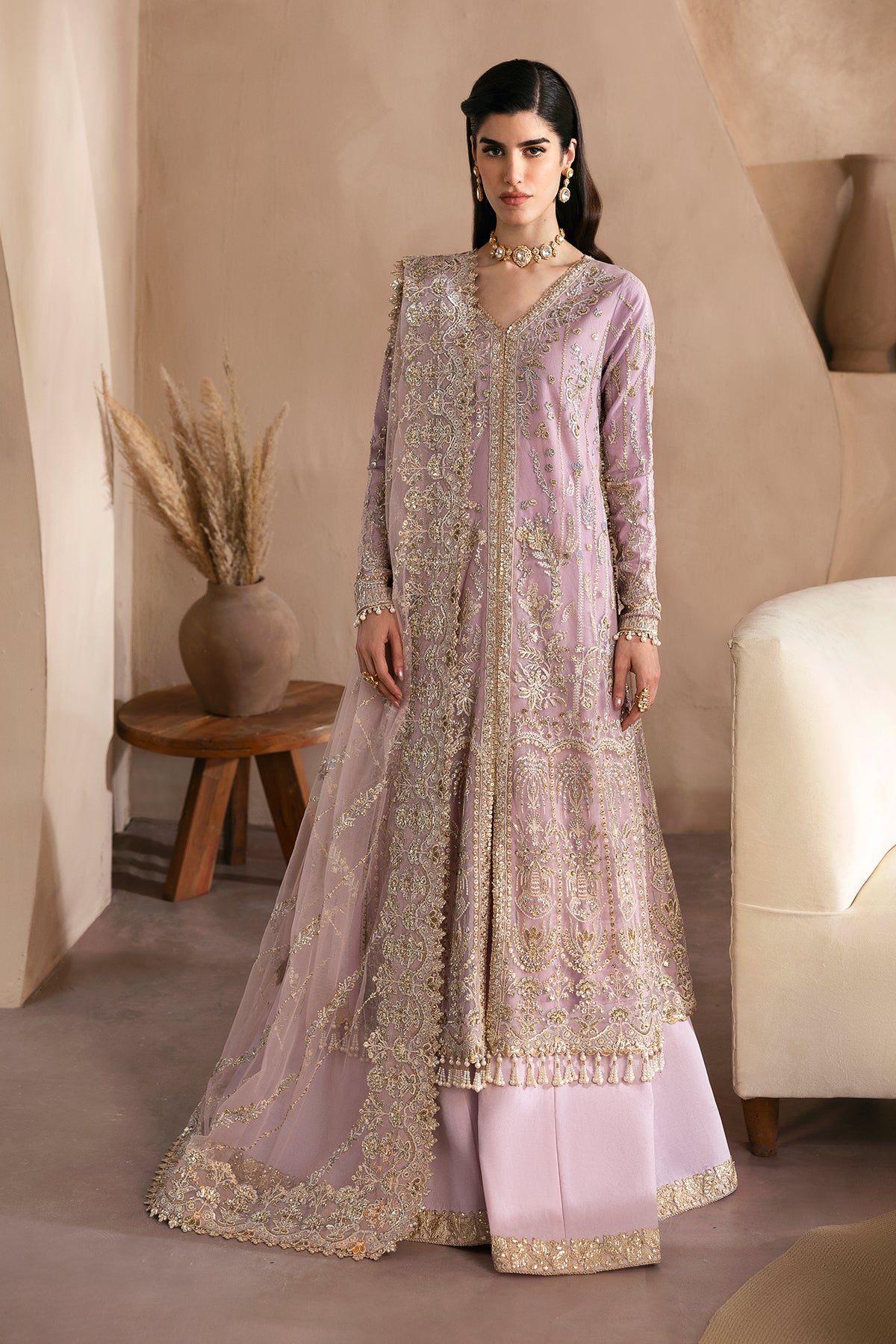 Lilac Embroidered Net & Raw Silk Long Dress (3-Piece) - Image 1