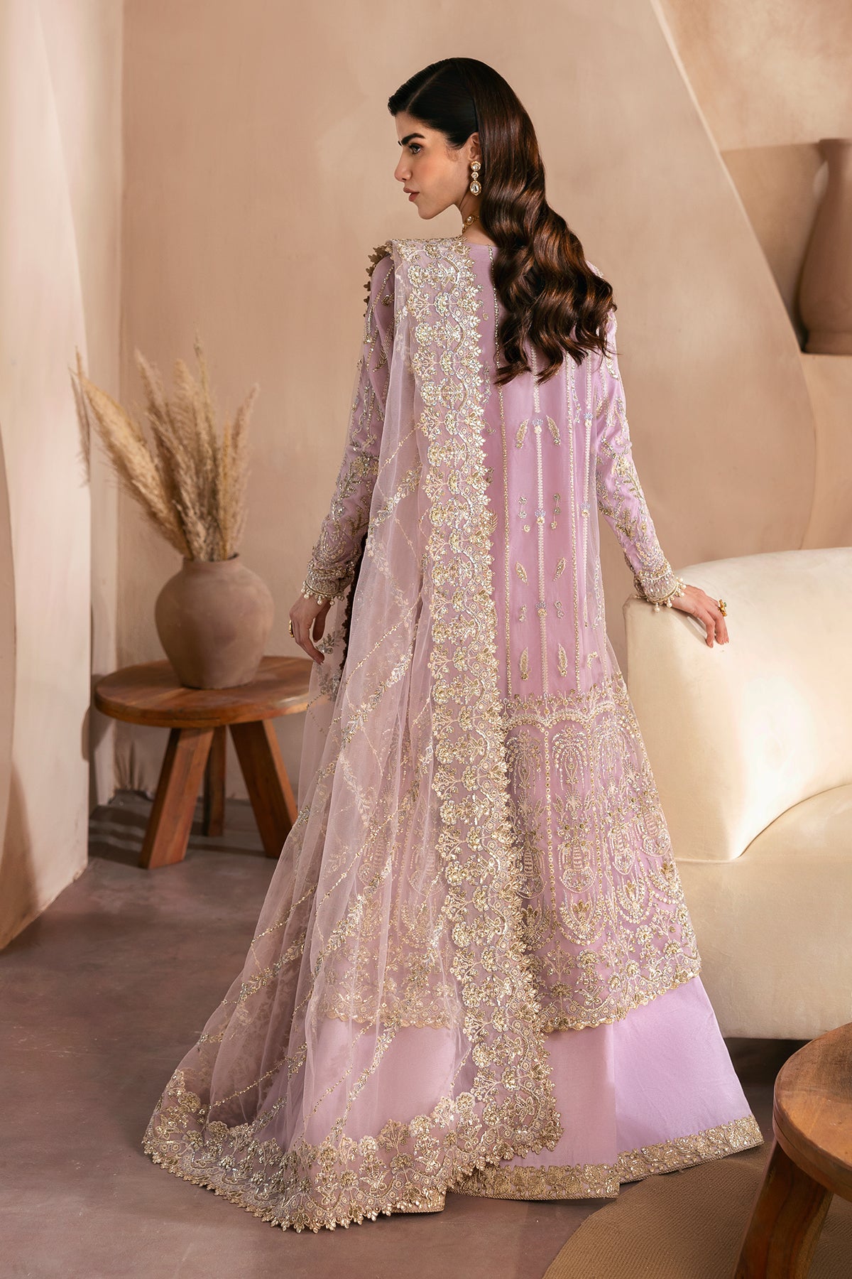 Lilac Embroidered Net & Raw Silk Long Dress (3-Piece) - Image 2