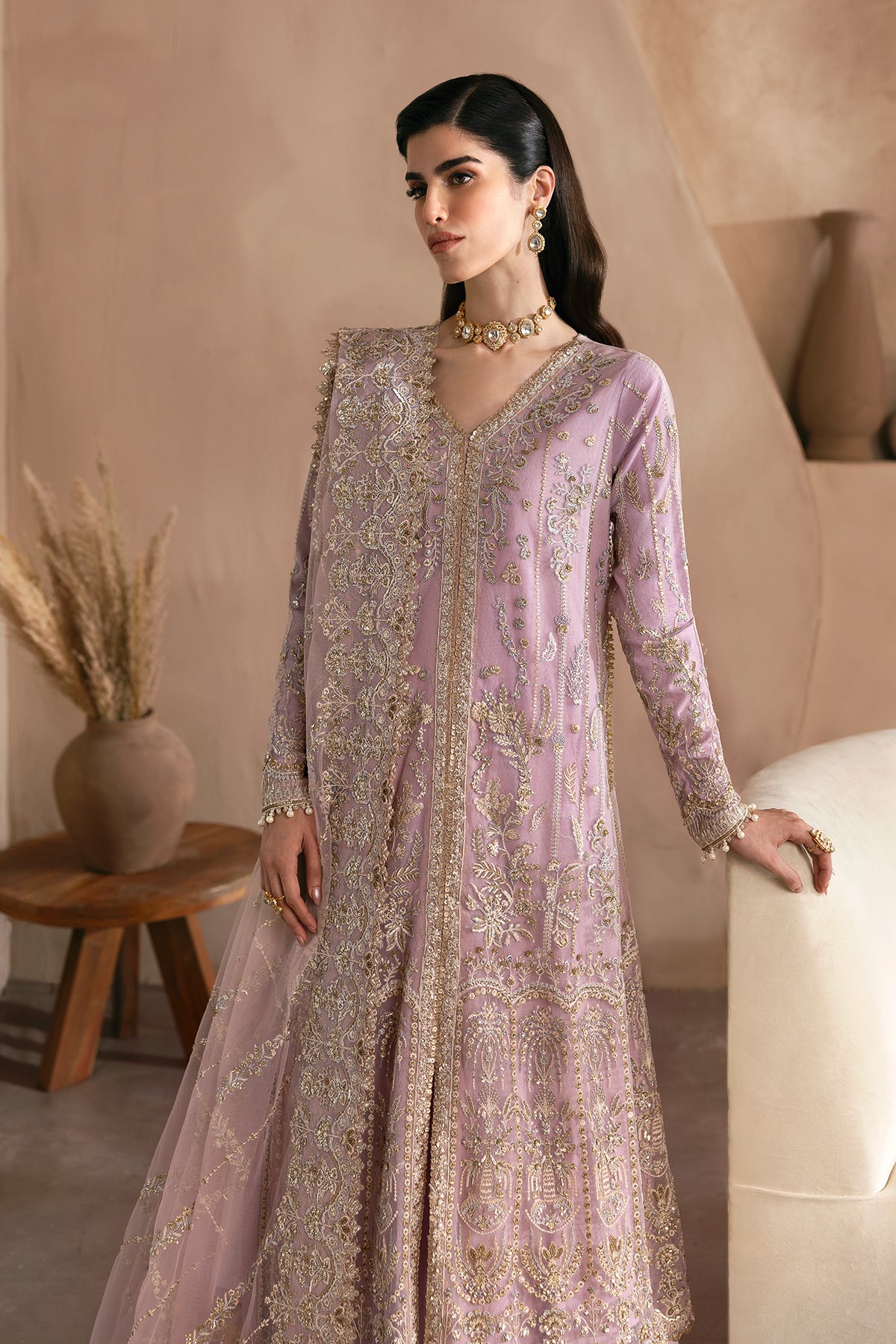 Lilac Embroidered Net & Raw Silk Long Dress (3-Piece) - Image 3