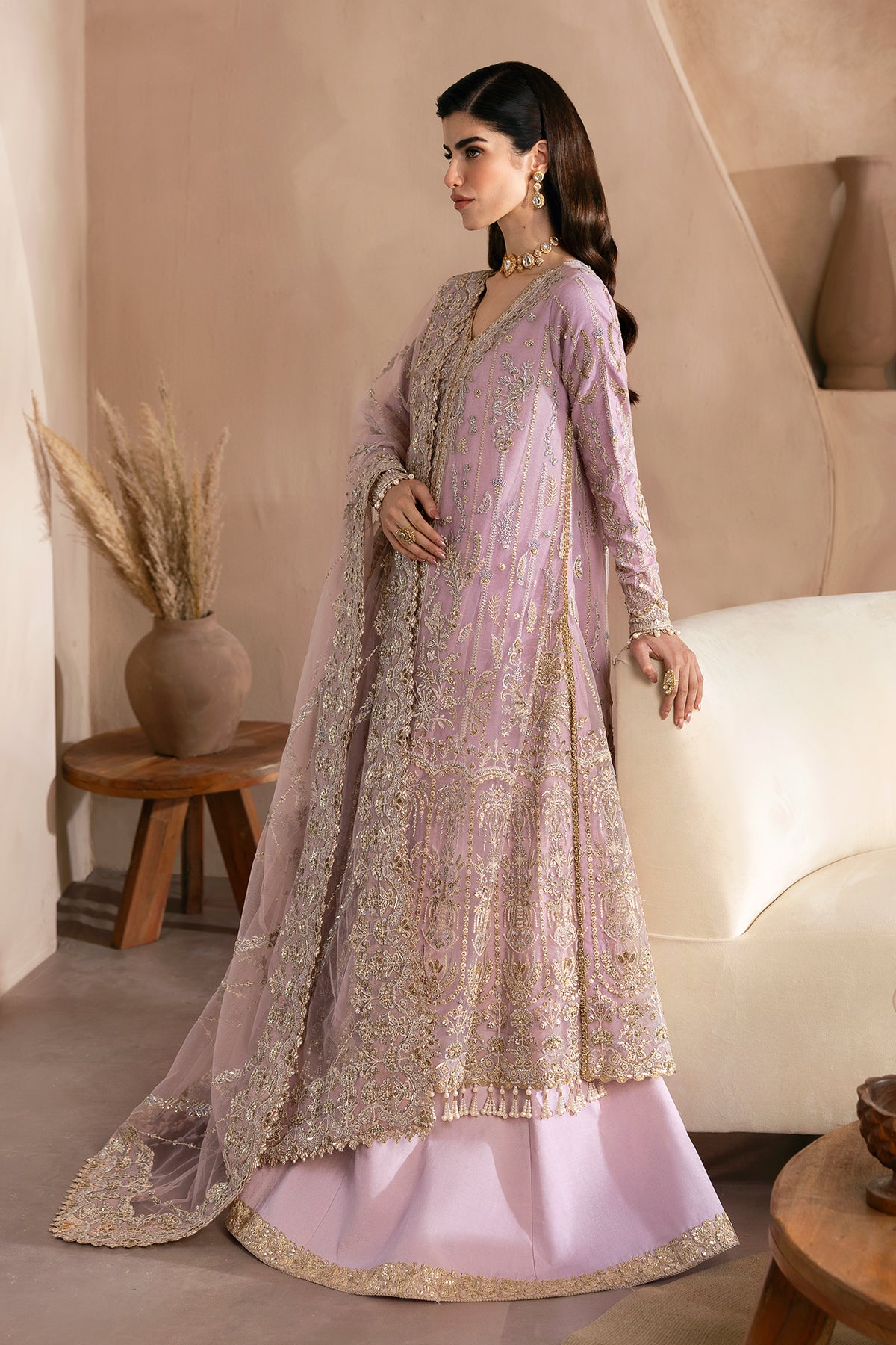 Lilac Embroidered Net & Raw Silk Long Dress (3-Piece) - Image 4