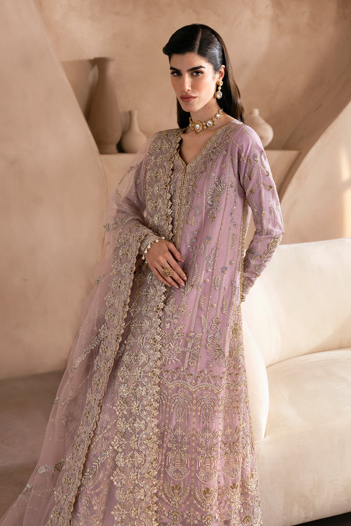 Lilac Embroidered Net & Raw Silk Long Dress (3-Piece) - Image 5