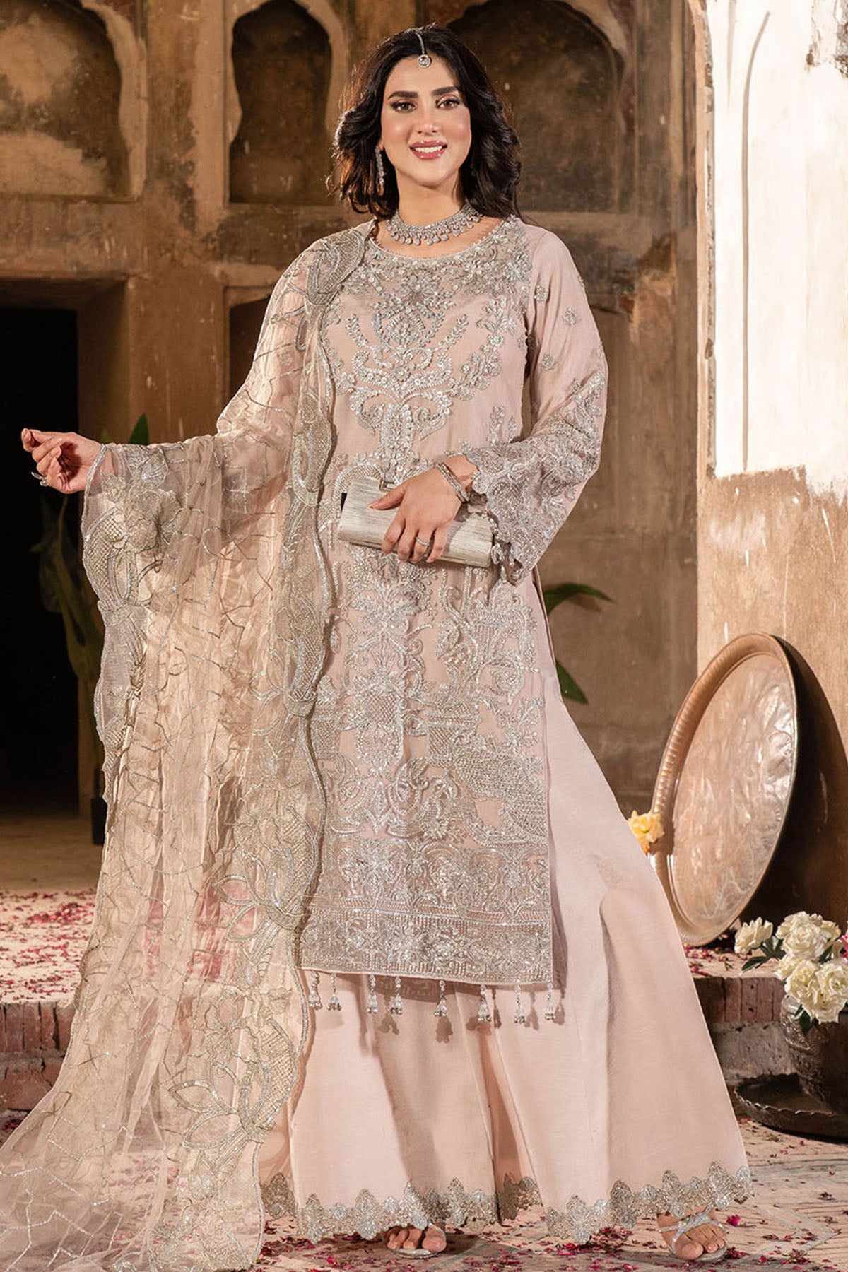 Light Pink Embroidered Net Salwar Kameez (3-Piece) - Image 1