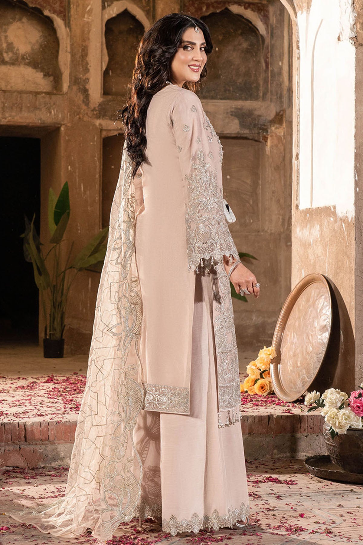 Light Pink Embroidered Net Salwar Kameez (3-Piece) - Image 2