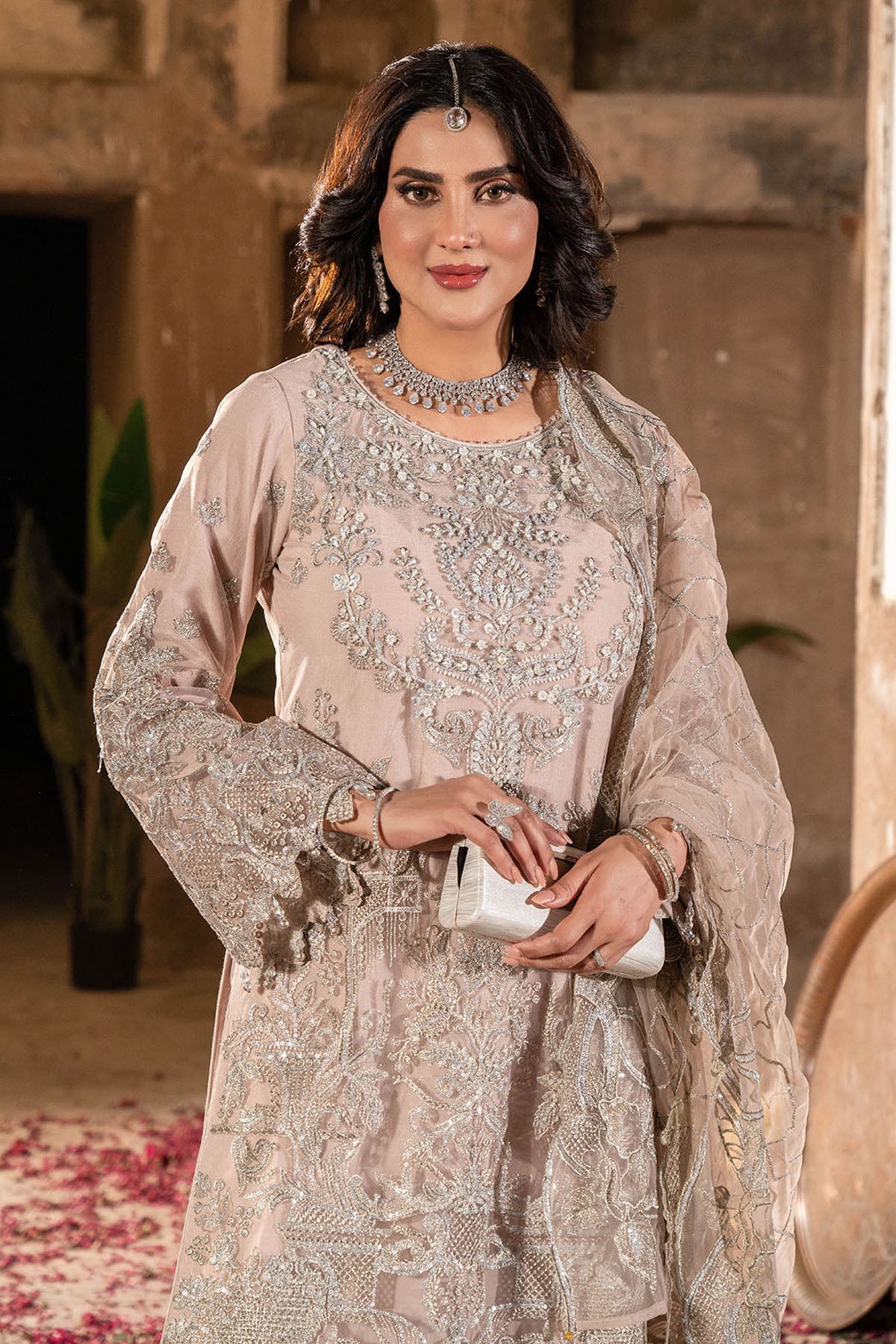 Light Pink Embroidered Net Salwar Kameez (3-Piece) - Image 3