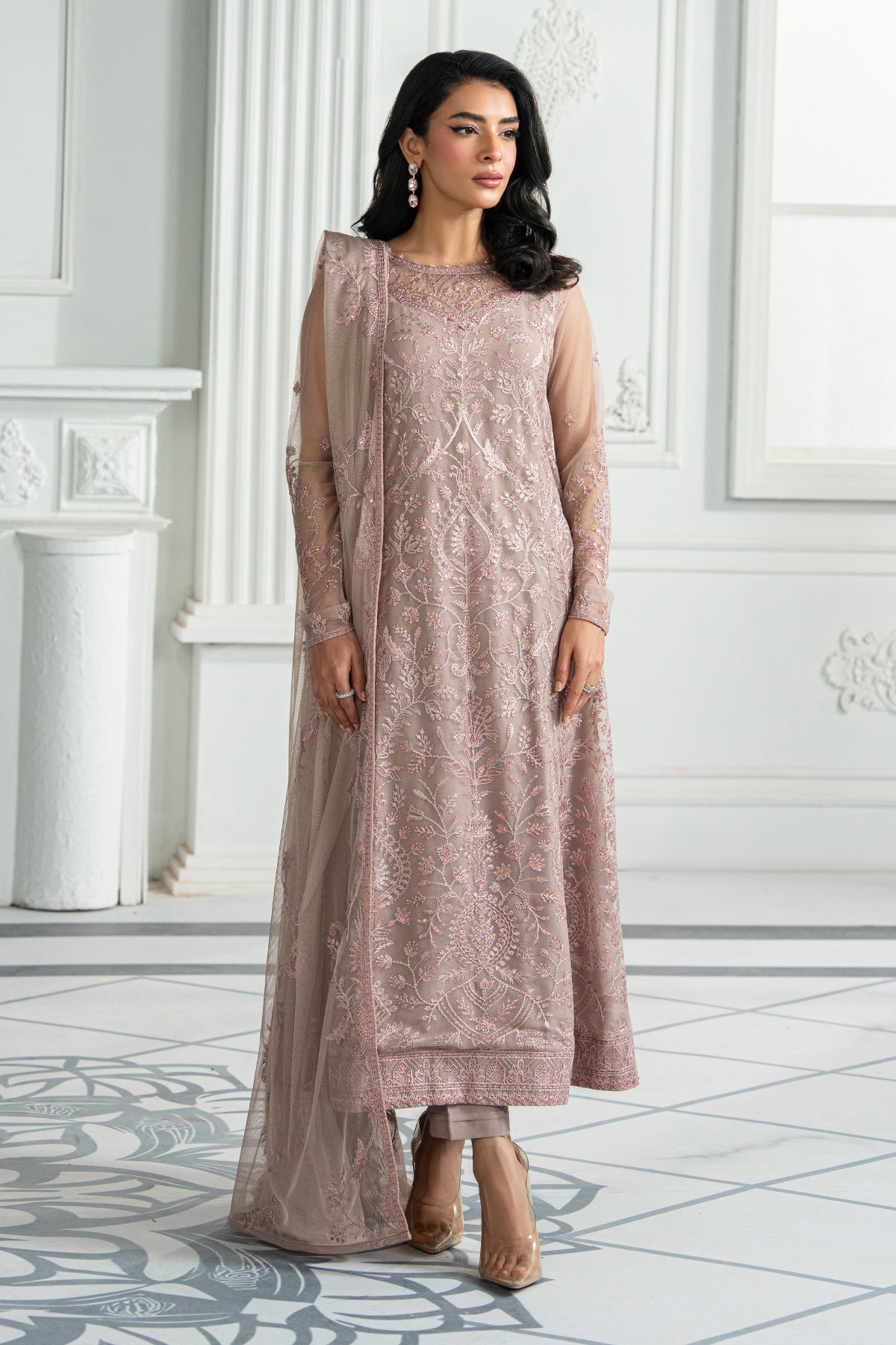 Dusty Pink Sequin Embroidered Net Salwar Kameez (3-Piece) - Image 1