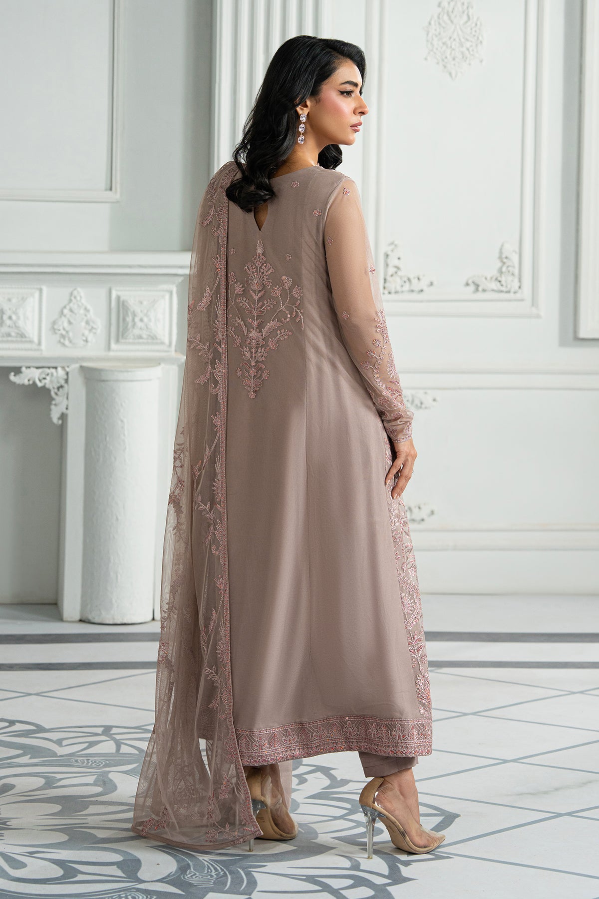 Dusty Pink Sequin Embroidered Net Salwar Kameez (3-Piece) - Image 2