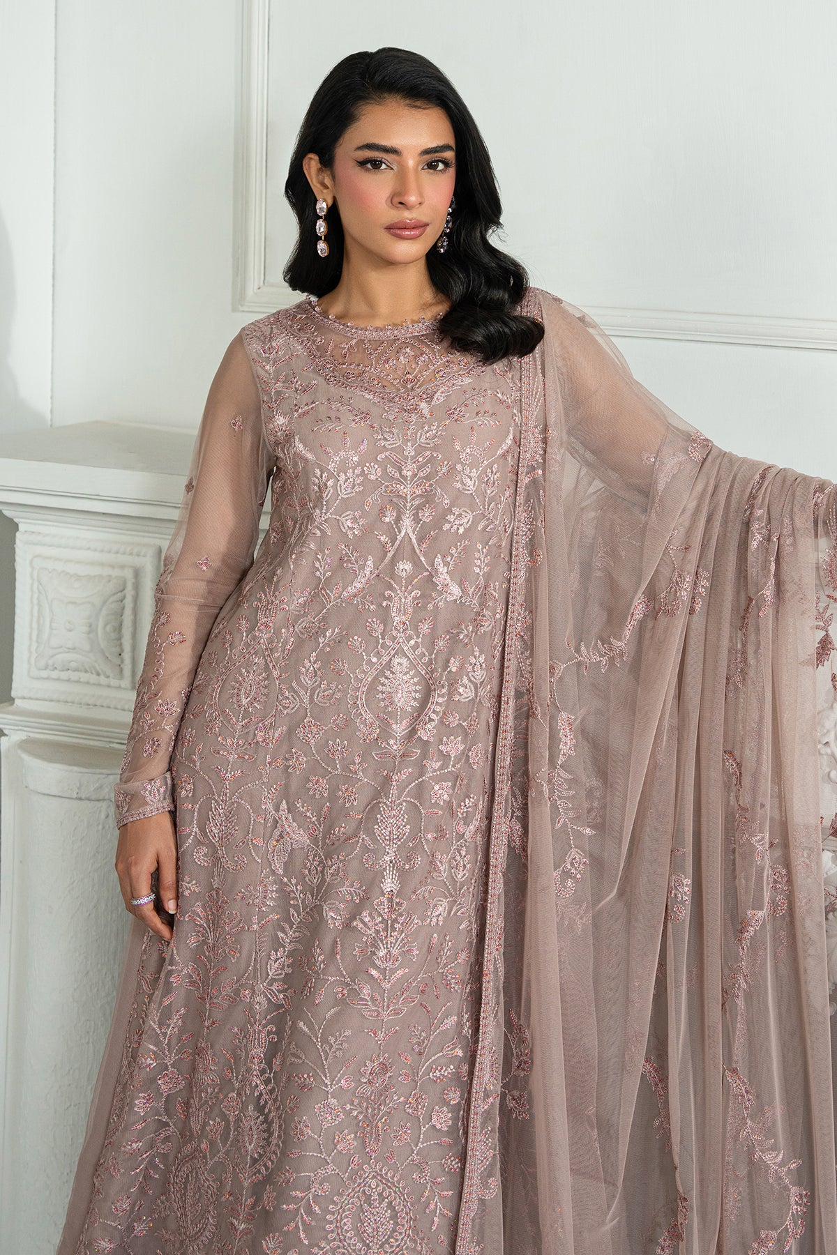 Dusty Pink Sequin Embroidered Net Salwar Kameez (3-Piece) - Image 3