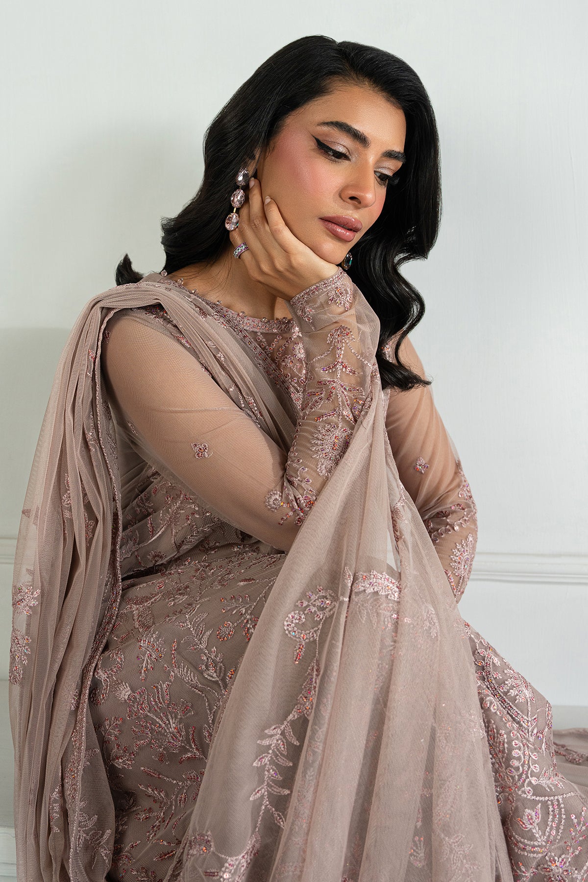 Dusty Pink Sequin Embroidered Net Salwar Kameez (3-Piece) - Image 4