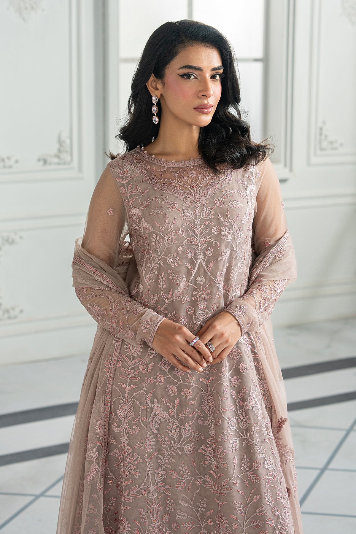 Dusty Pink Sequin Embroidered Net Salwar Kameez (3-Piece) - Image 5