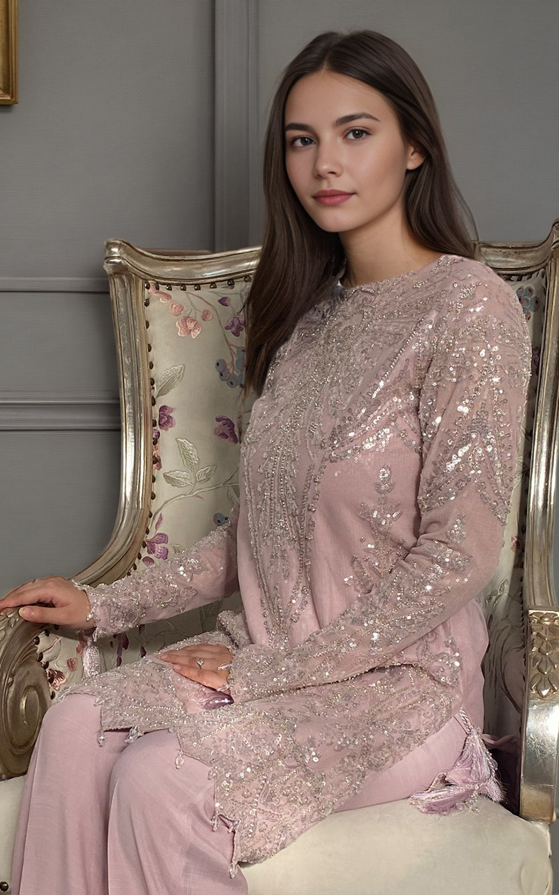 Pakistani Blush Pink Embroidered Net Salwar Kameez (2-Piece) - Image 1