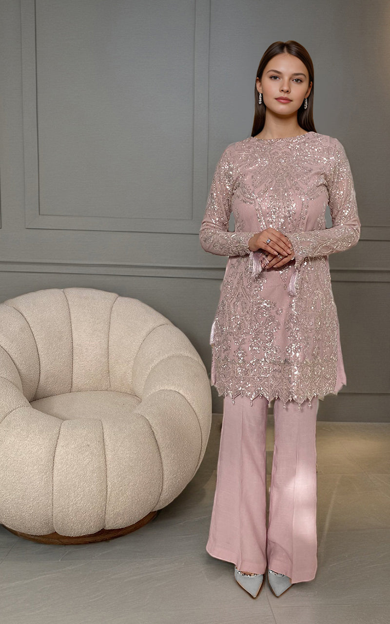 Pakistani Blush Pink Embroidered Net Salwar Kameez (2-Piece) - Image 3