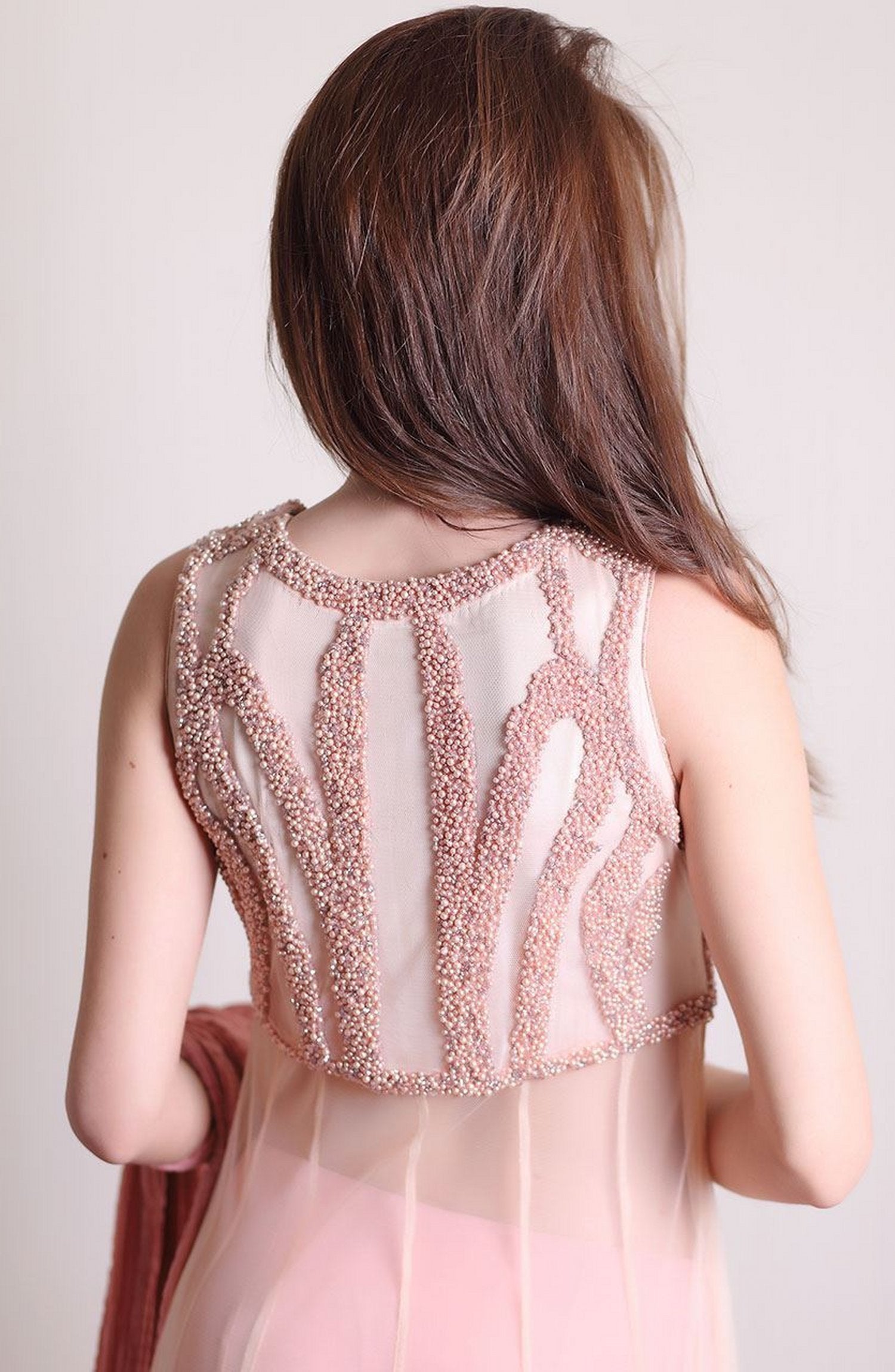 Tea Pink Embellished Net & Silk Salwar Kameez (3-Piece) - Image 4