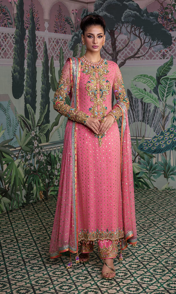 Coral Pink Embroidered Net Salwar Kameez (3-Piece) - Image 2