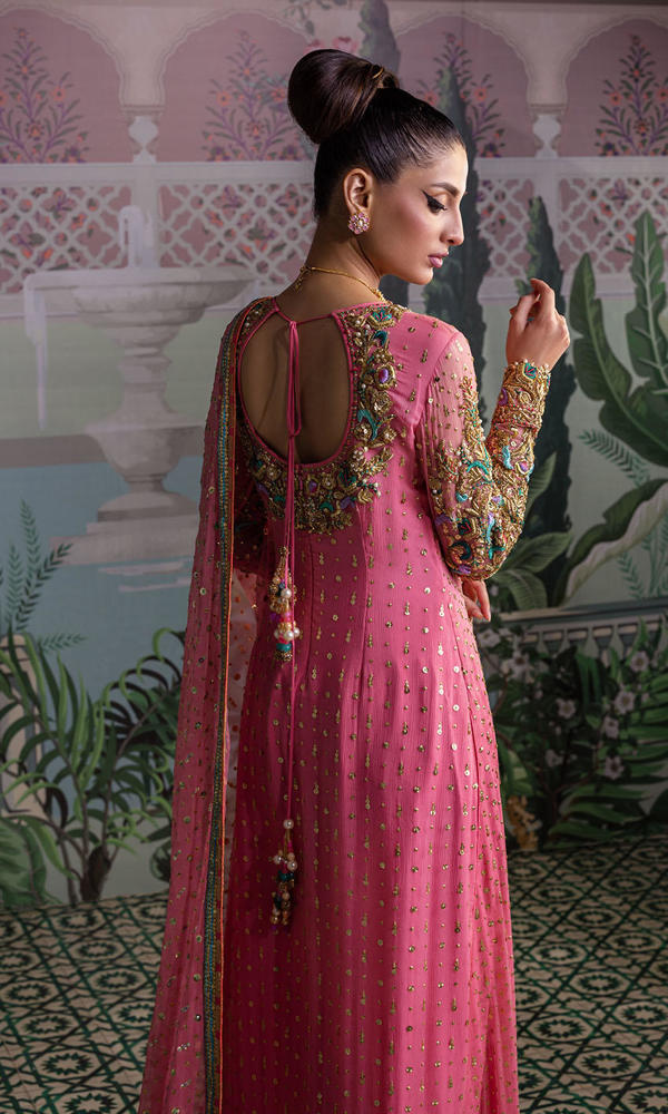 Coral Pink Embroidered Net Salwar Kameez (3-Piece) - Image 4