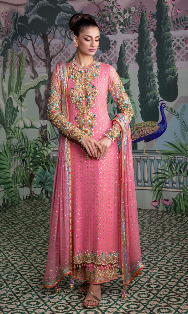 Coral Pink Embroidered Net Salwar Kameez (3-Piece) - Image 5