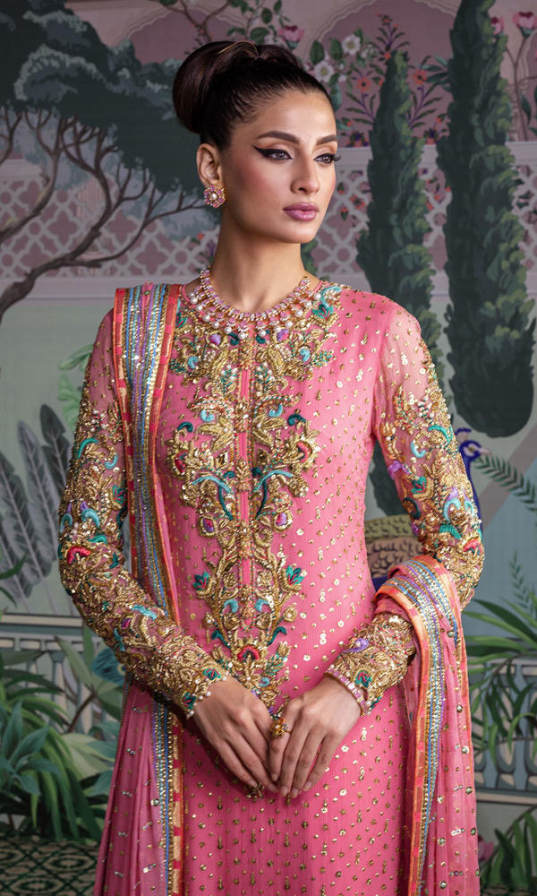 Coral Pink Embroidered Net Salwar Kameez (3-Piece) - Image 6