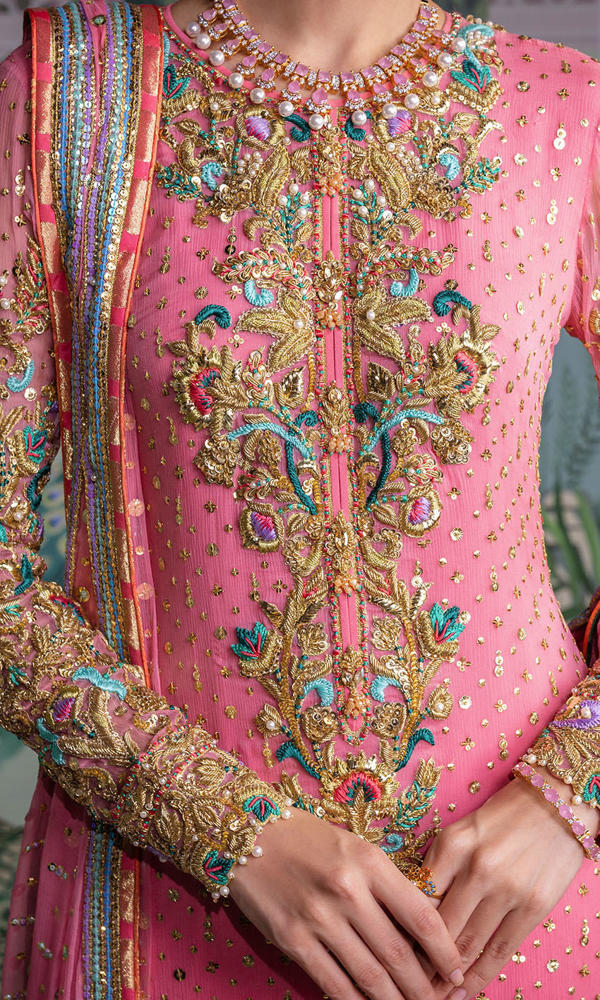 Coral Pink Embroidered Net Salwar Kameez (3-Piece) - Image 7