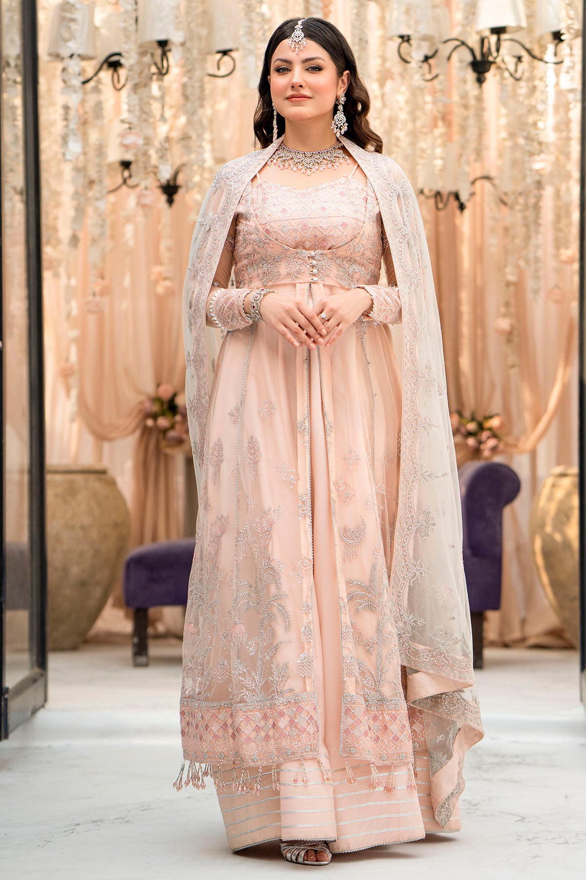 Pakistani Blush Pink Embroidered Net Salwar Kameez (3-Piece) - Image 1