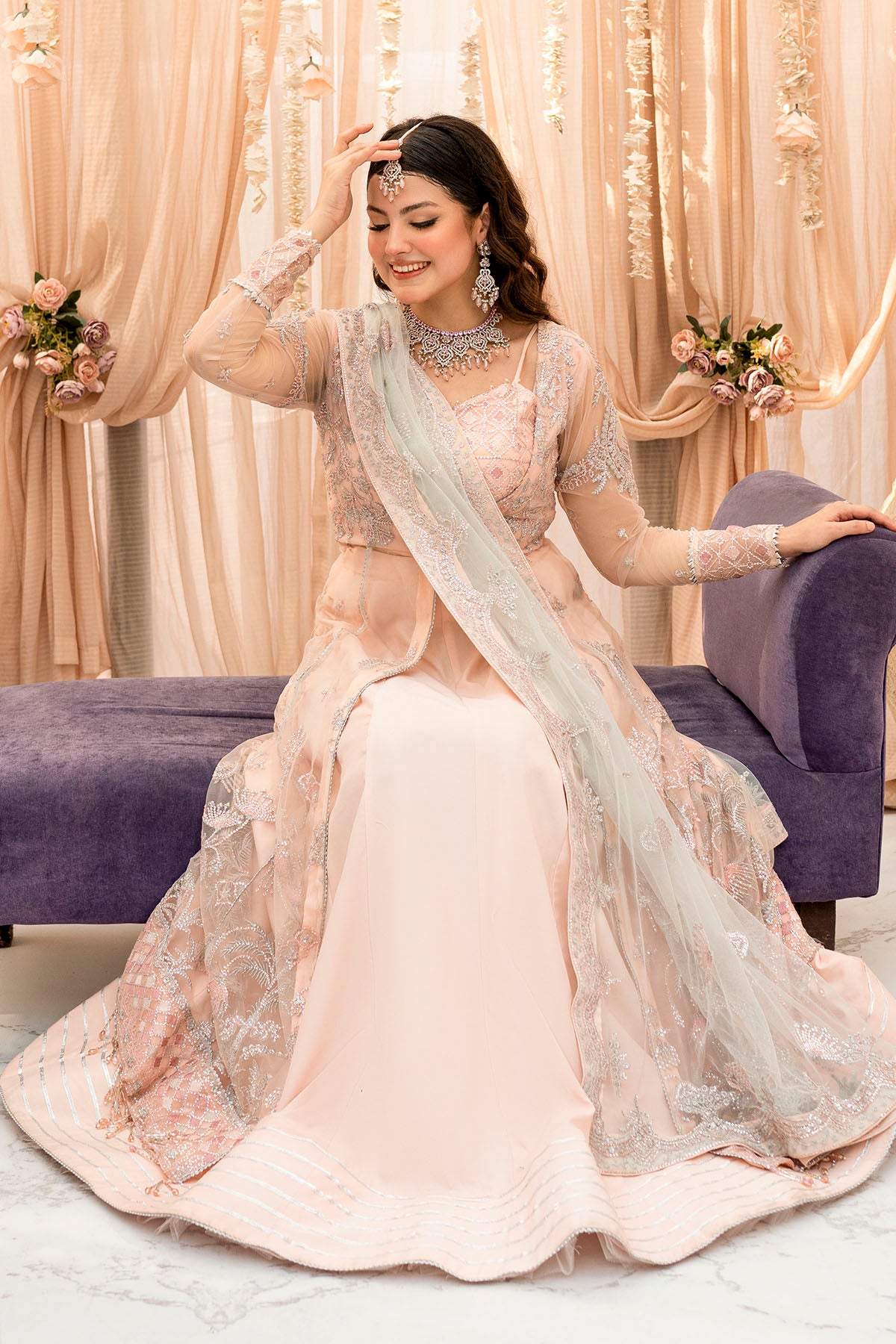 Pakistani Blush Pink Embroidered Net Salwar Kameez (3-Piece) - Image 3