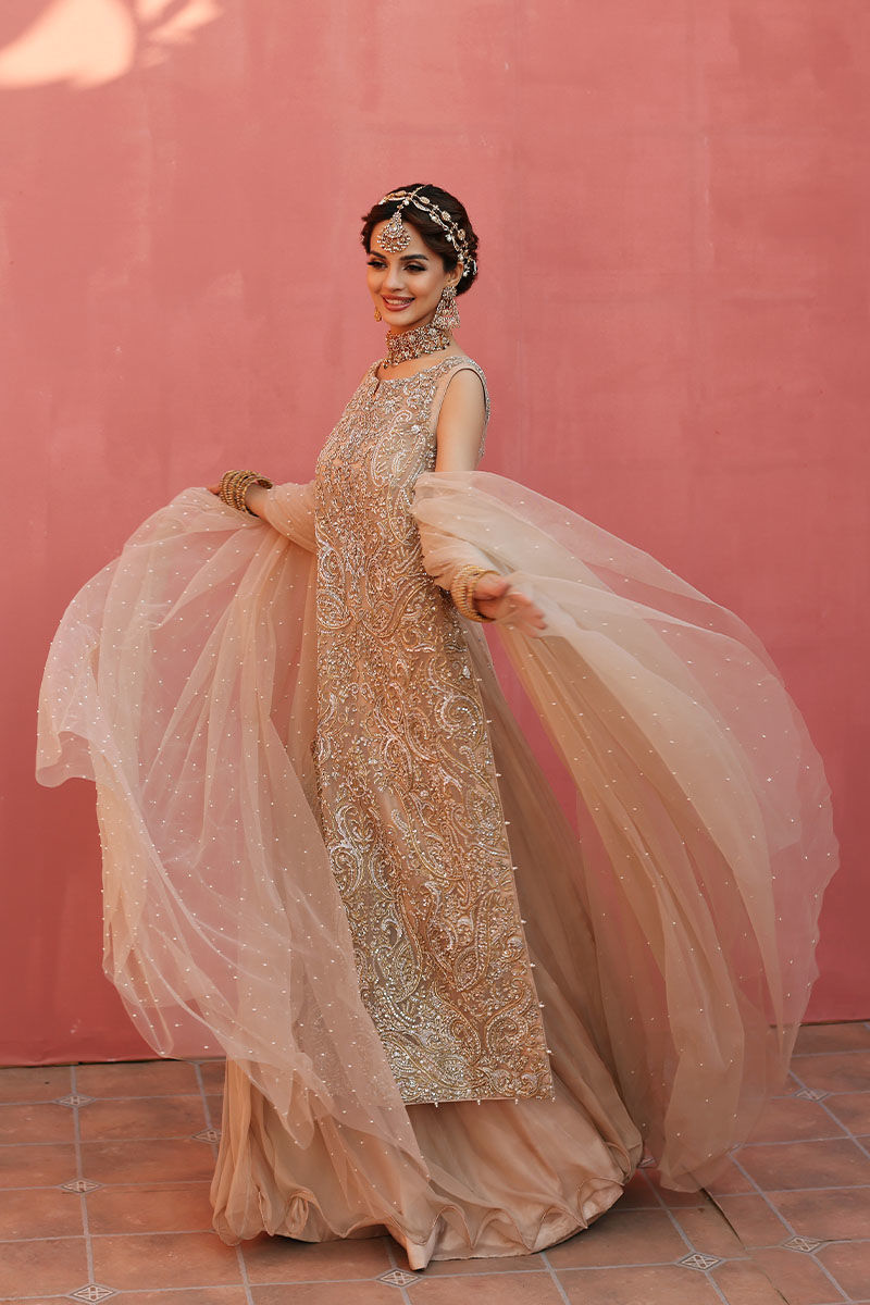 Cameo Rose Embellished Net Long Shirt & Chiffon Skirt (3-Piece) - Image 1